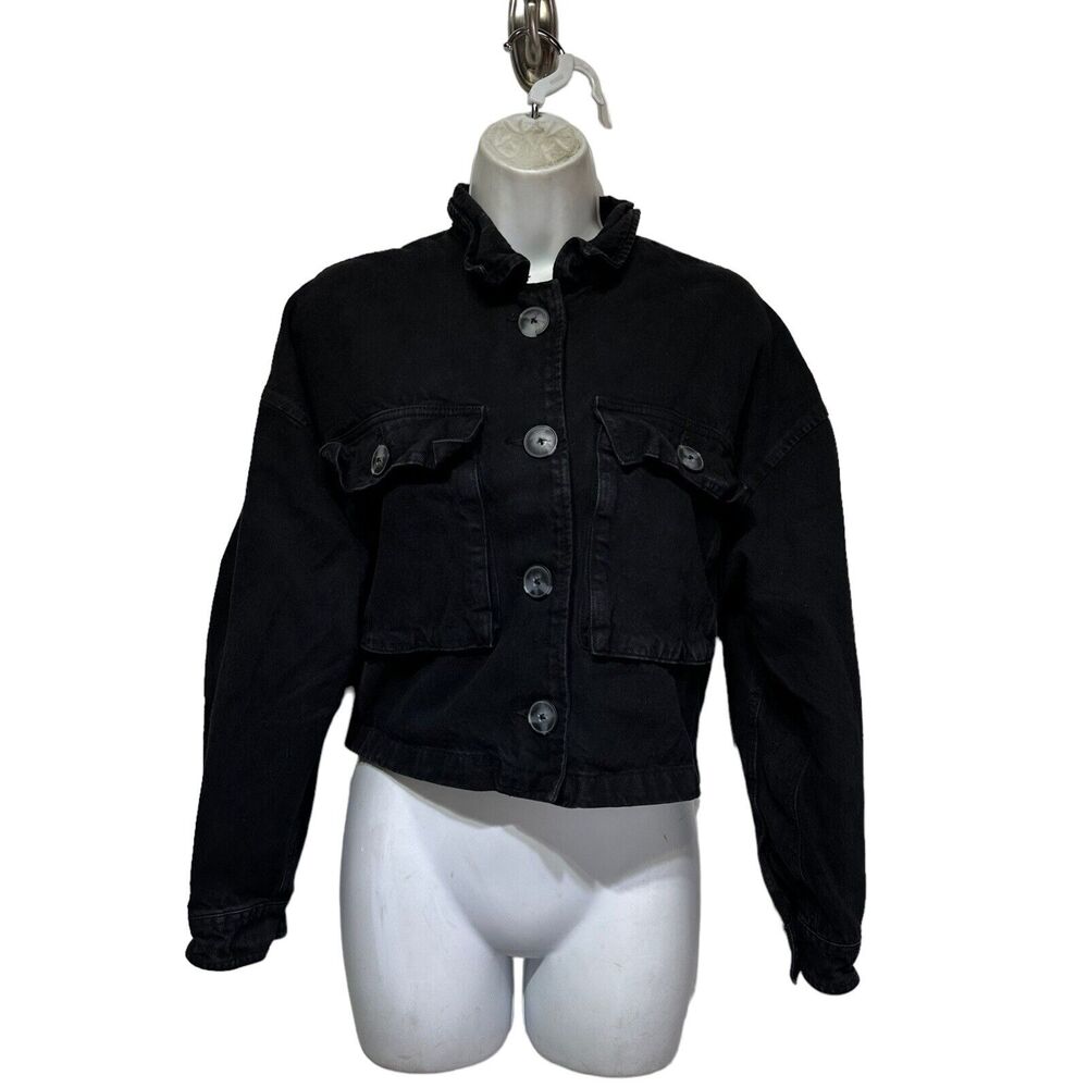 Bershka Black Cropped Oversized Denim Jacket Patch Pockets Size S